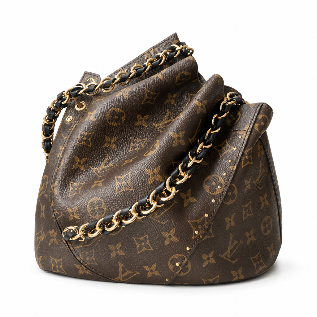 Louis Vuitton Drawstring Bucket — Monogram Canvas, Black Leather Trim, Gold Chain Handle & Corner Guards