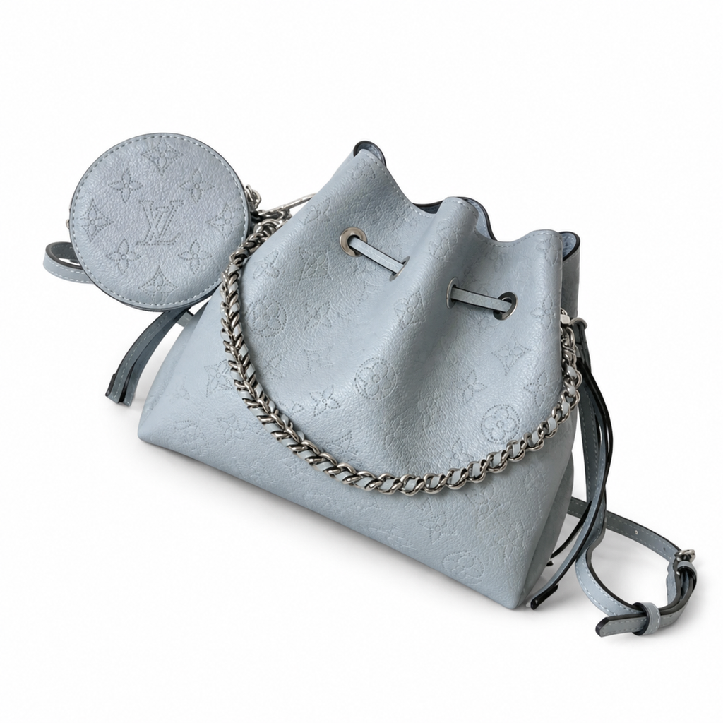 Louis Vuitton Mahina Mini Bucket — Bleu Glacier Perforated, Braided Chain Handle & Round Coin Purse Set