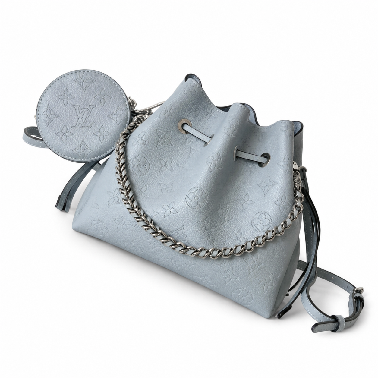 Louis Vuitton Mahina Mini Bucket — Bleu Glacier Perforated, Braided Chain Handle & Round Coin Purse Set