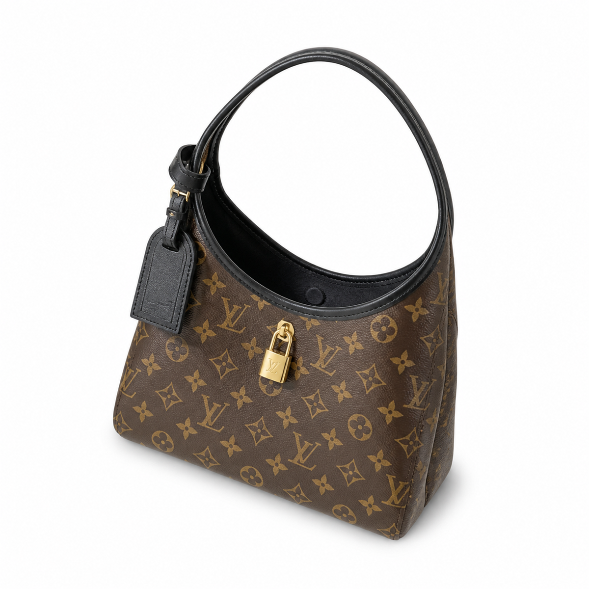 Louis Vuitton Flower Hobo — Monogram Canvas, Gold LV Padlock, Black Leather Border & Magnetic Snap
