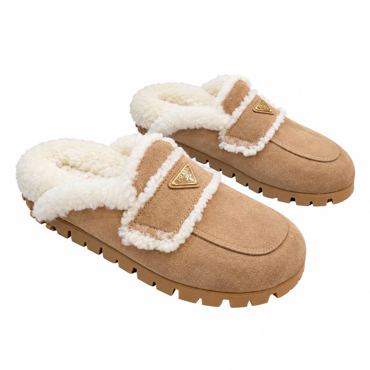 Prada Camel Plush-Trim Lug-Sole Loafer Mules