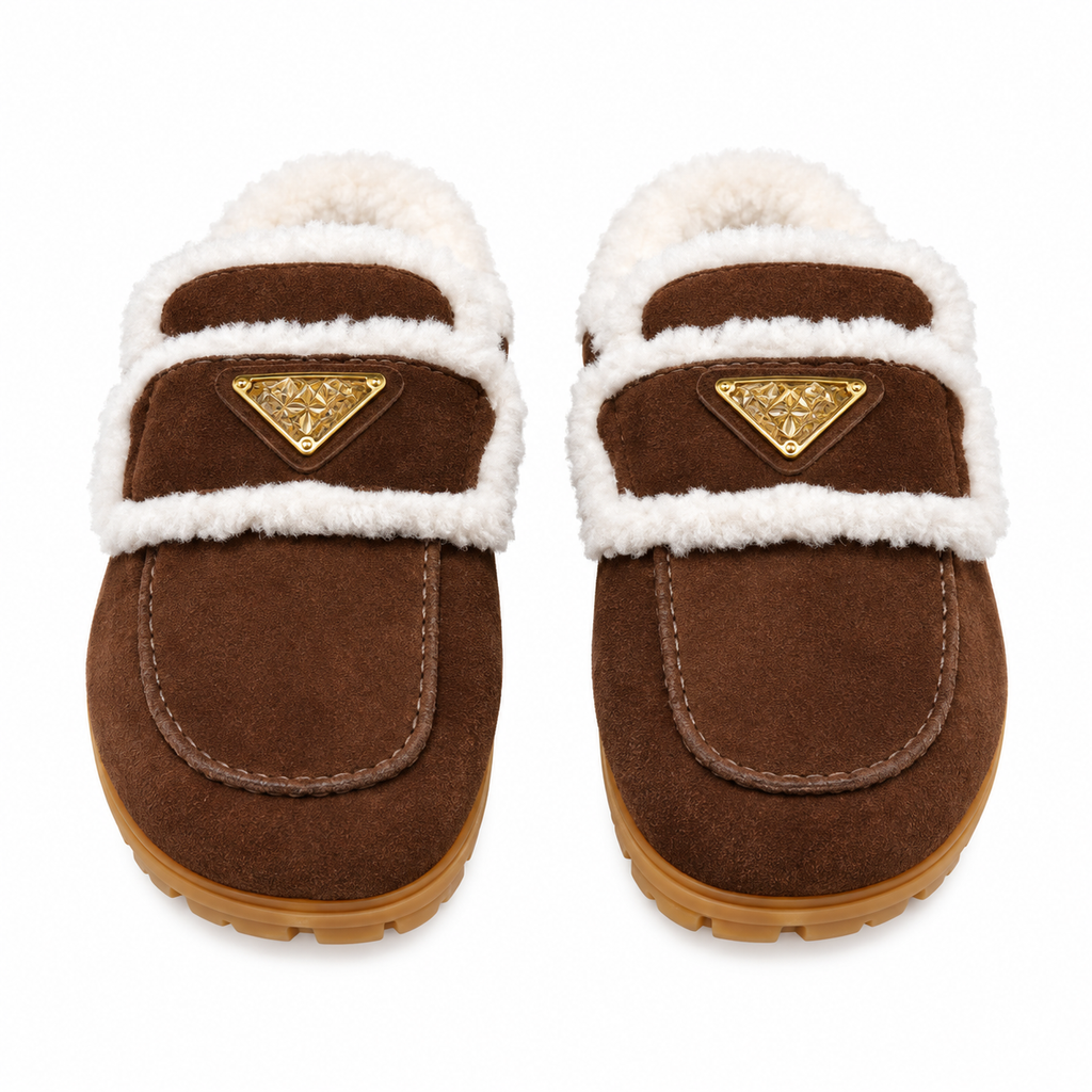 Prada Dark Brown Plush-Trim Loafer Mules