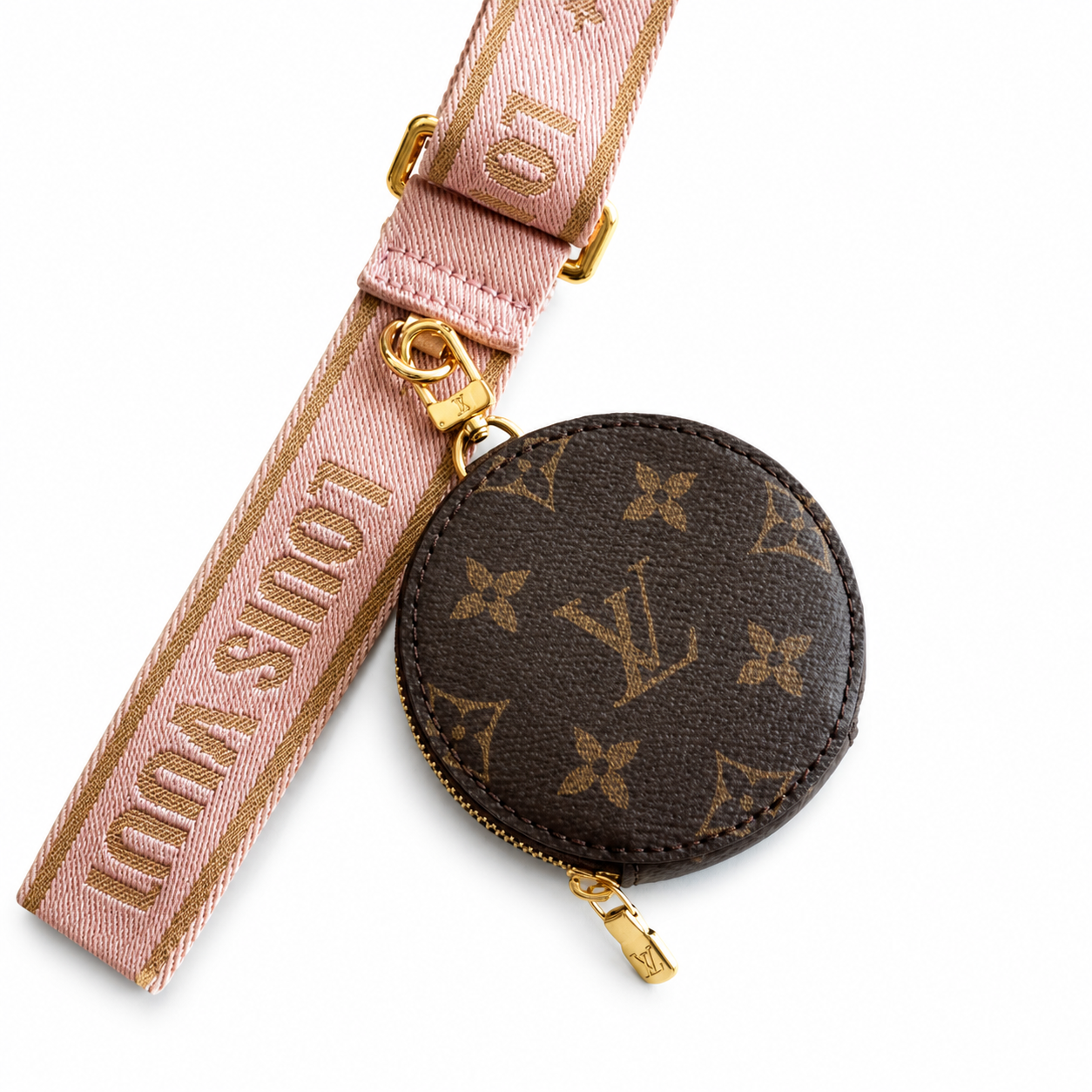 Louis Vuitton Pochette Accessoires — Monogram Canvas with Rose Pink Logo Strap