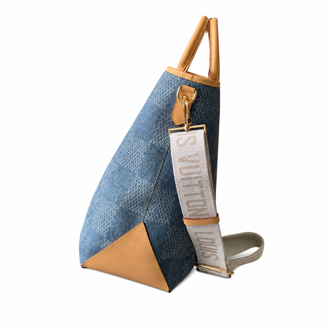 Louis Vuitton On The Go GM — Monogram Denim Canvas, Vachetta Trim & LV Logo Wide Strap