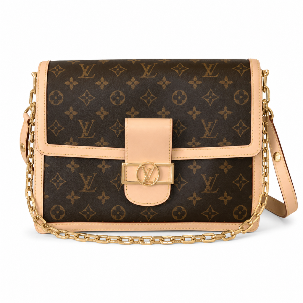 Louis Vuitton Dauphine MM — Monogram Canvas, Vachetta Flap Trim, LV Turn-Lock & Chunky Gold Chain