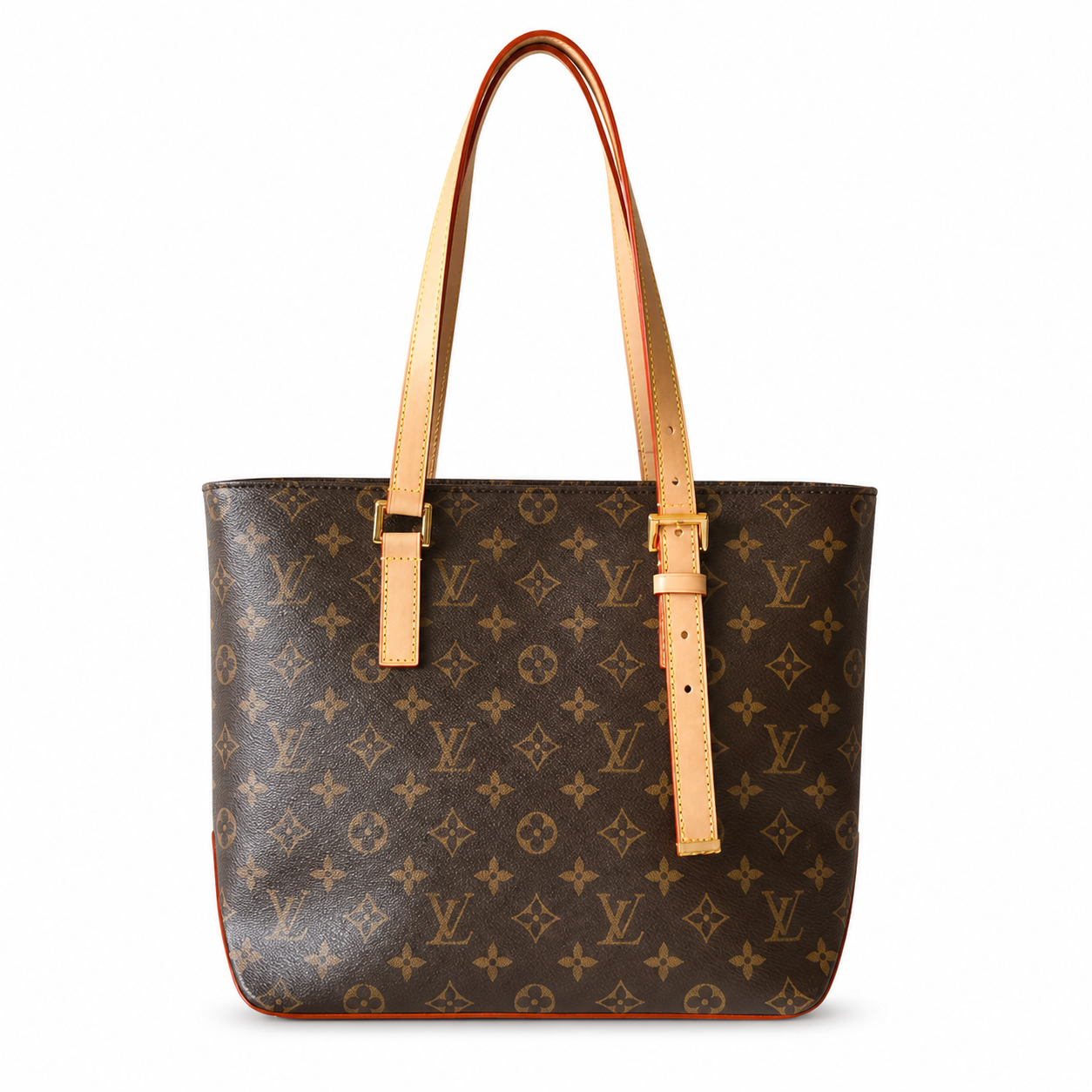 Louis Vuitton Luco Tote — Monogram Canvas, Red-Orange Side Trim & Vachetta Straps