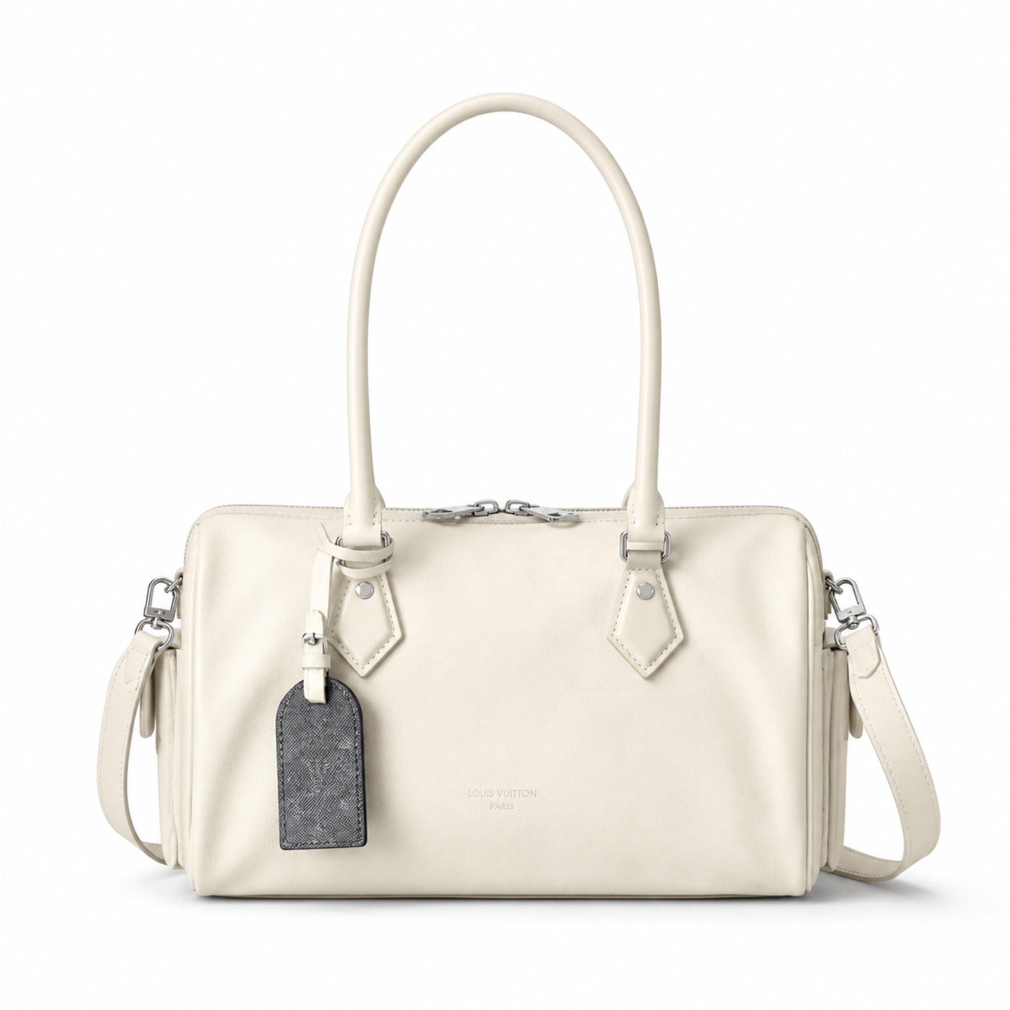 Louis Vuitton Mini Boston — Blanc Ivoire Smooth Calfskin, Dual Top Handles, Detachable Strap & Monogram Tag
