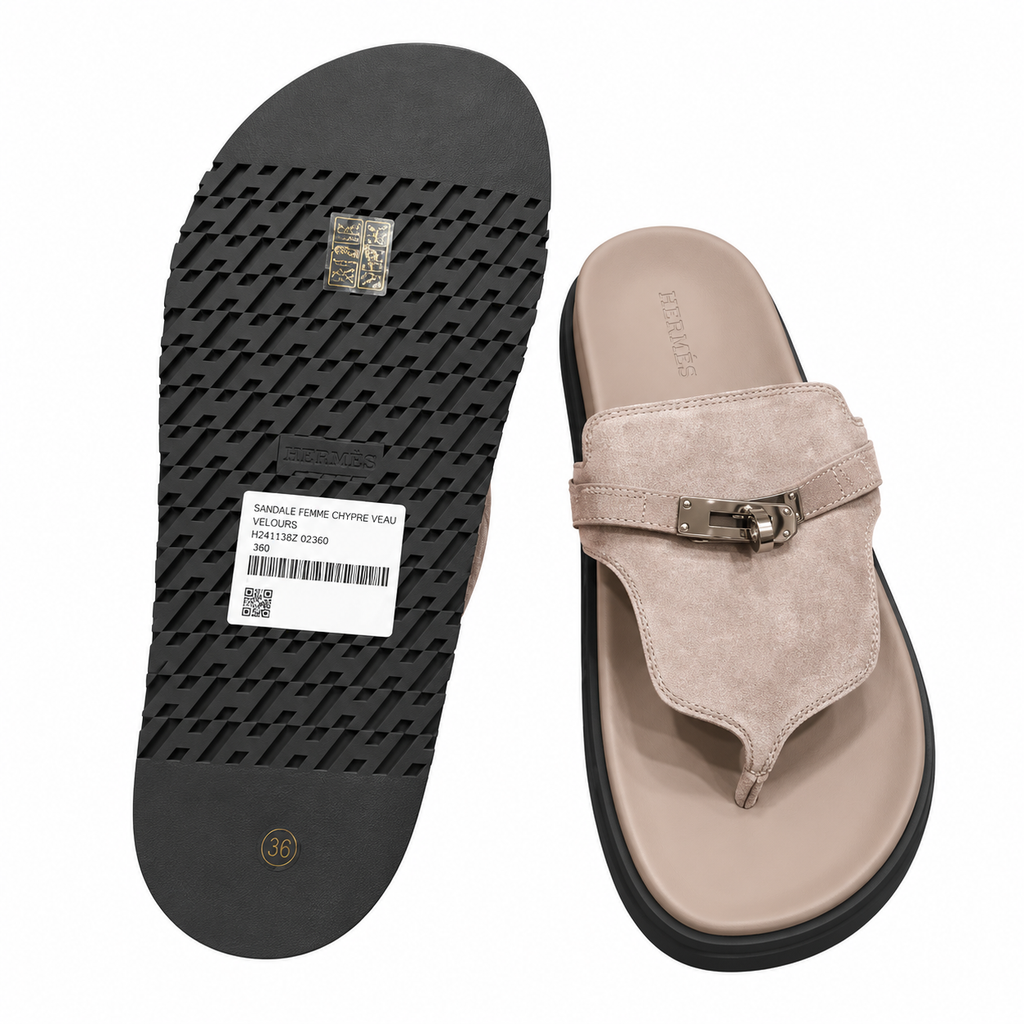 Hermès Taupe Thong Sandals with Silver Buckle