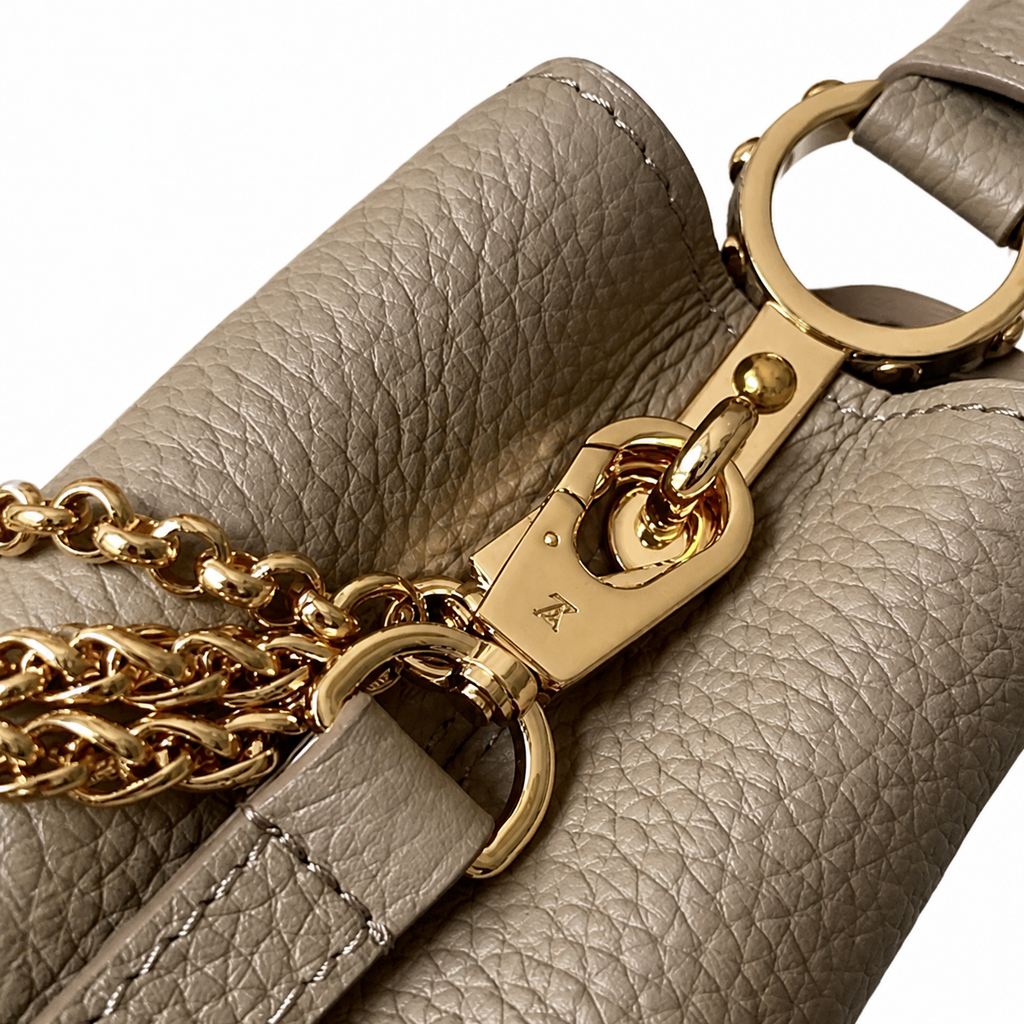 Louis Vuitton Capucines — Tourterelle Taurillon, Floral Charm & Dual Chain