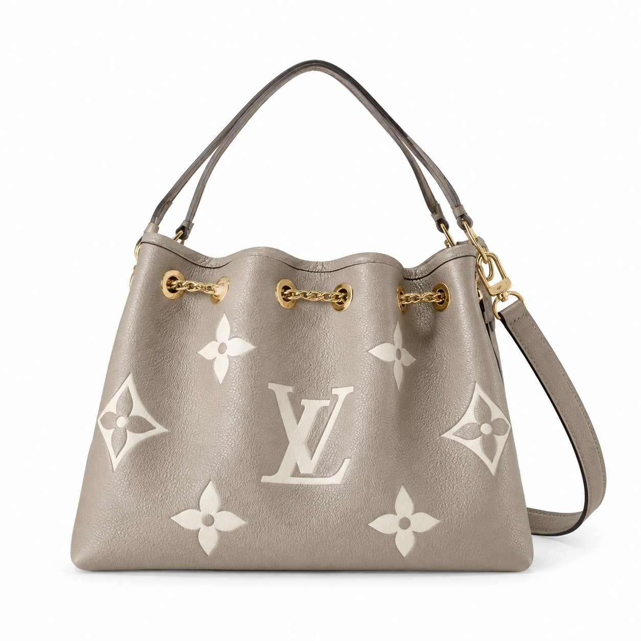 Louis Vuitton NéoNoé MM — Tourterelle Grey Giant Empreinte, Gold Chain & Single Grey Handle