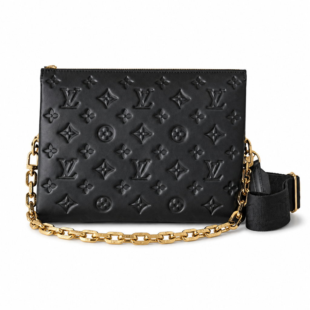 Louis Vuitton Coussin — Black Empreinte Lambskin, 3D Monogram, Fabric Strap & Gold Chain Connector
