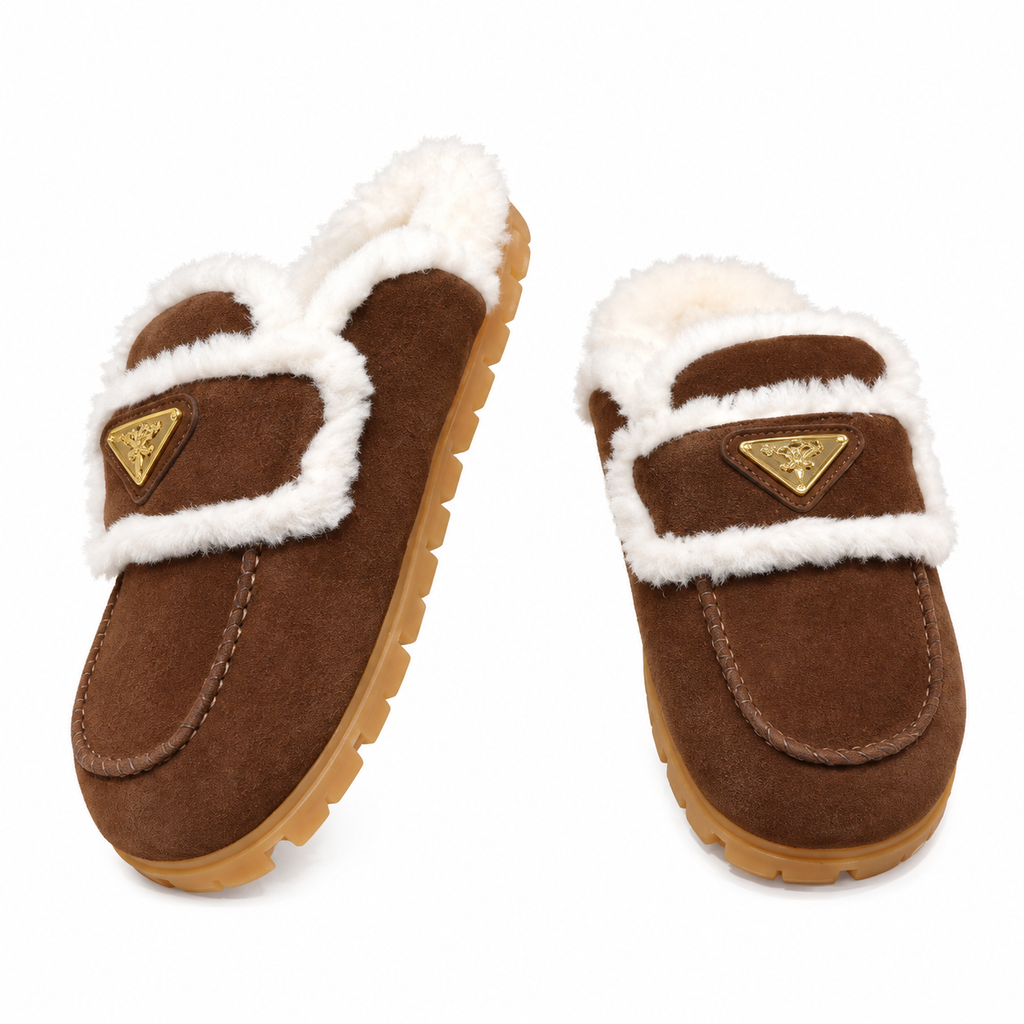 Prada Dark Brown Plush-Trim Loafer Mules