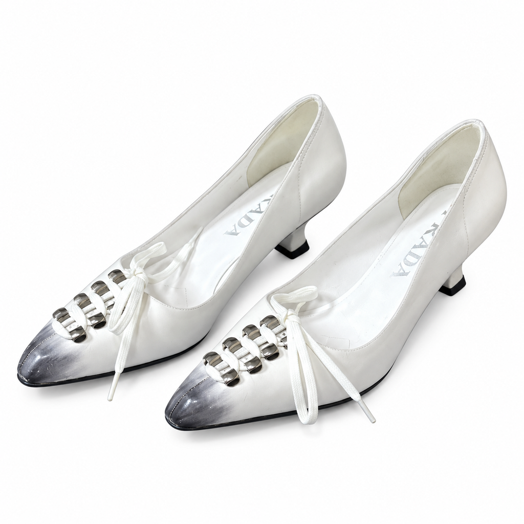 Prada White Silver-Tone Toe Lace-Up Pumps