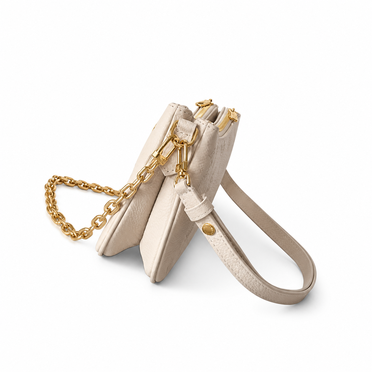 Louis Vuitton Milla MM — Crème Ivoire Empreinte, LV Paris Nameplate, Gold Chain & Leather Shoulder Pad