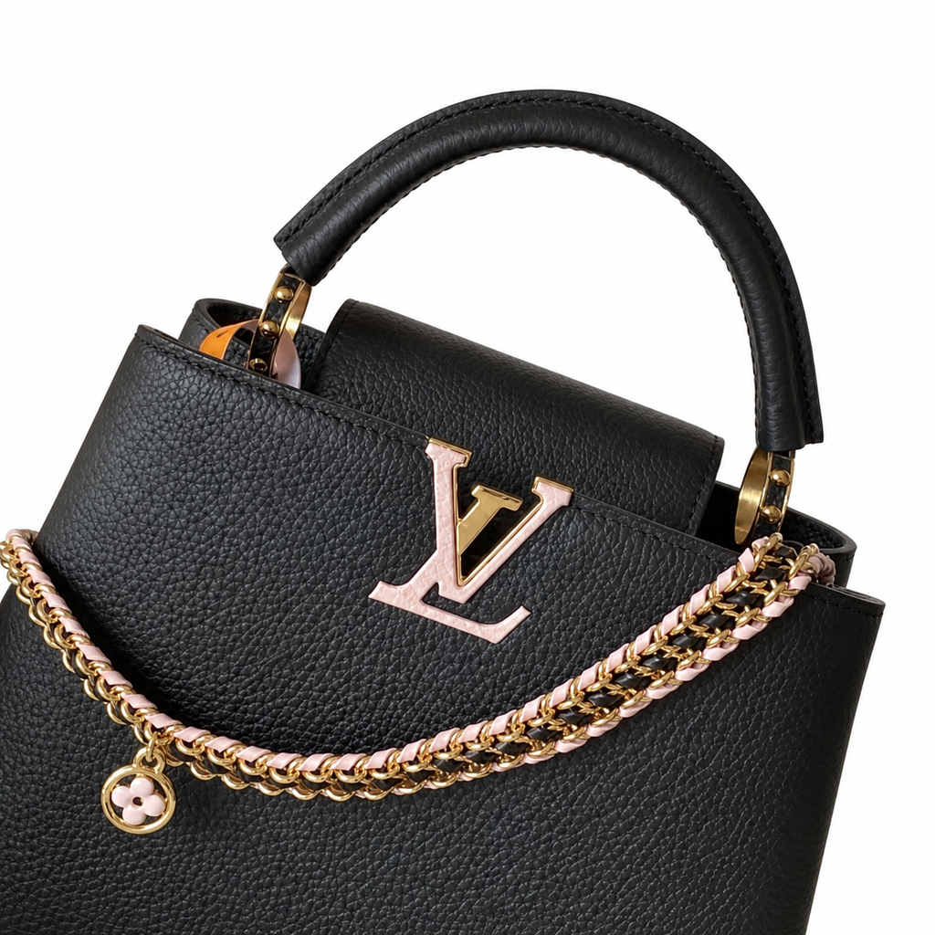 Louis Vuitton Capucines BB — Noir Taurillon, Rose Gold & White Enamel Floral