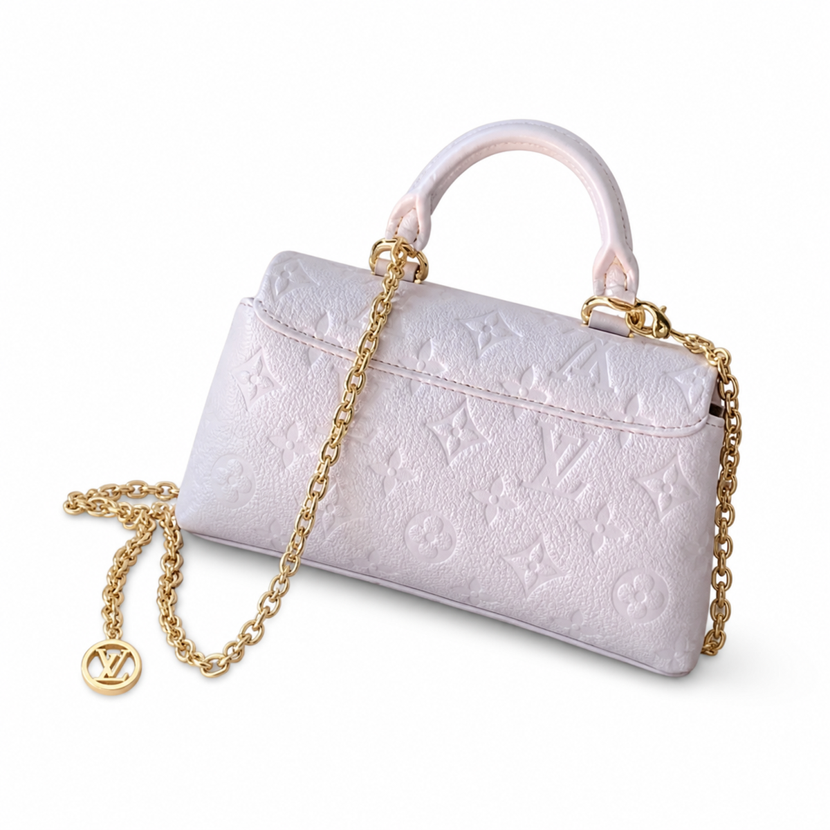 Louis Vuitton Dauphine Mini — Monogram Empreinte Leather in Rose Poudre with Gold Chain
