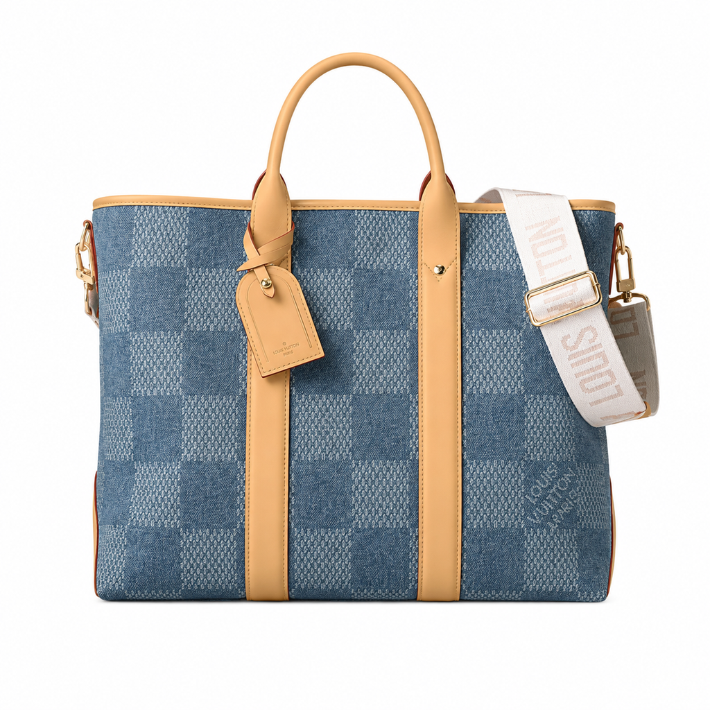 Louis Vuitton On The Go GM — Monogram Denim Canvas, Vachetta Trim & LV Logo Wide Strap