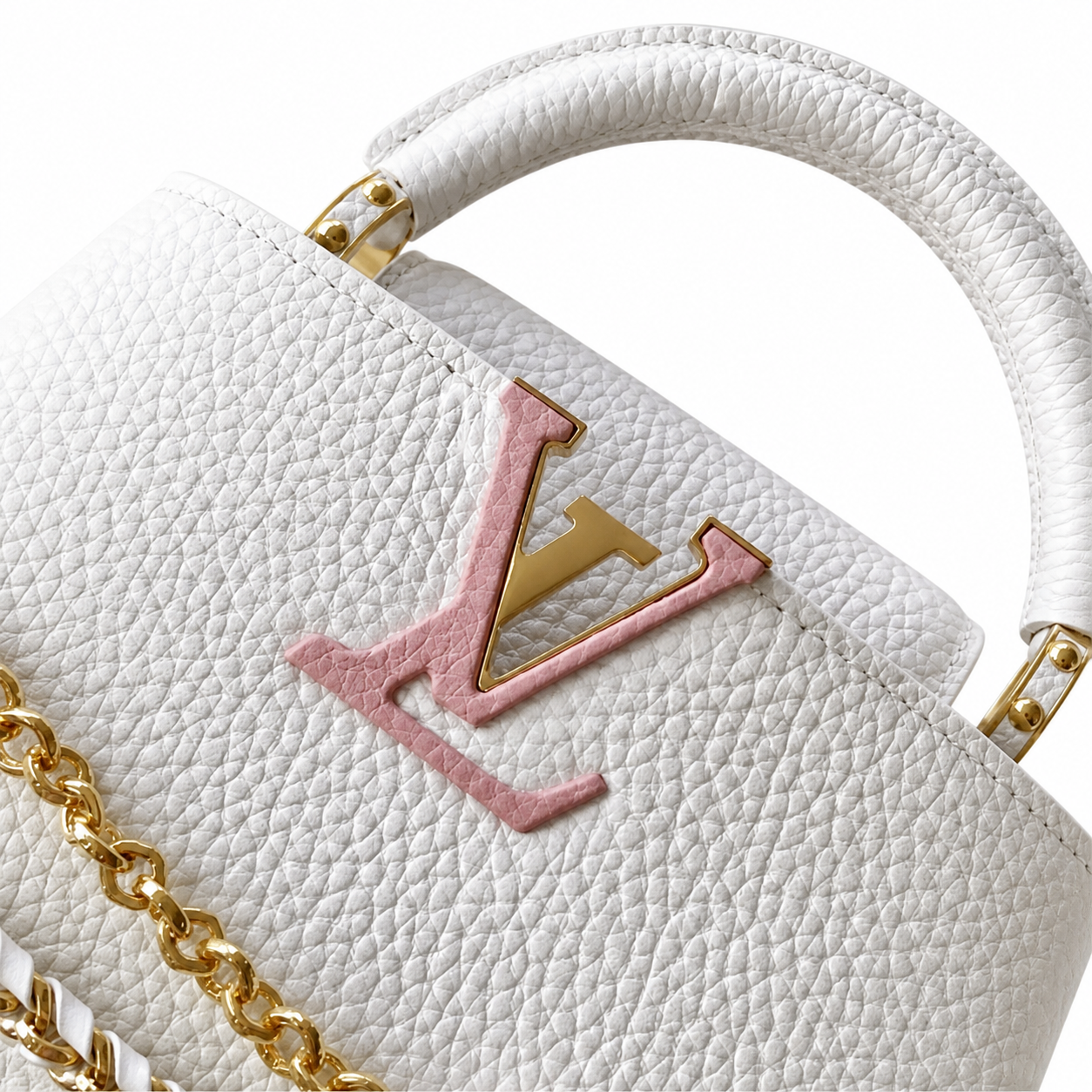 Louis Vuitton Capucines Mini — Taurillon Leather in Blanc with Triple Gold Chain & Flower Charm