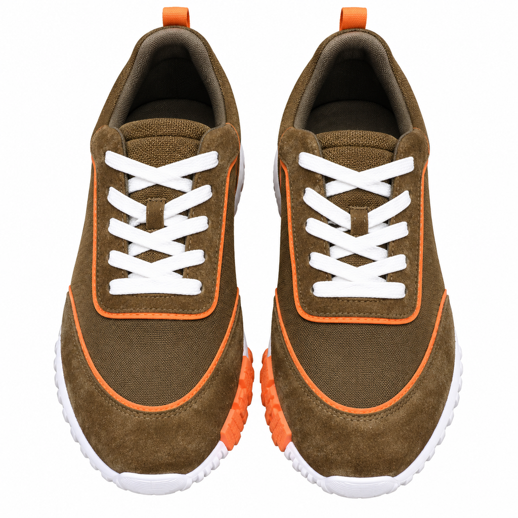 Hermès Olive Brown and Orange Low-Top Sneakers