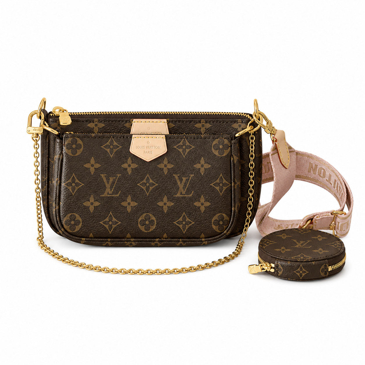 Louis Vuitton Pochette Accessoires — Monogram Canvas with Rose Pink Logo Strap