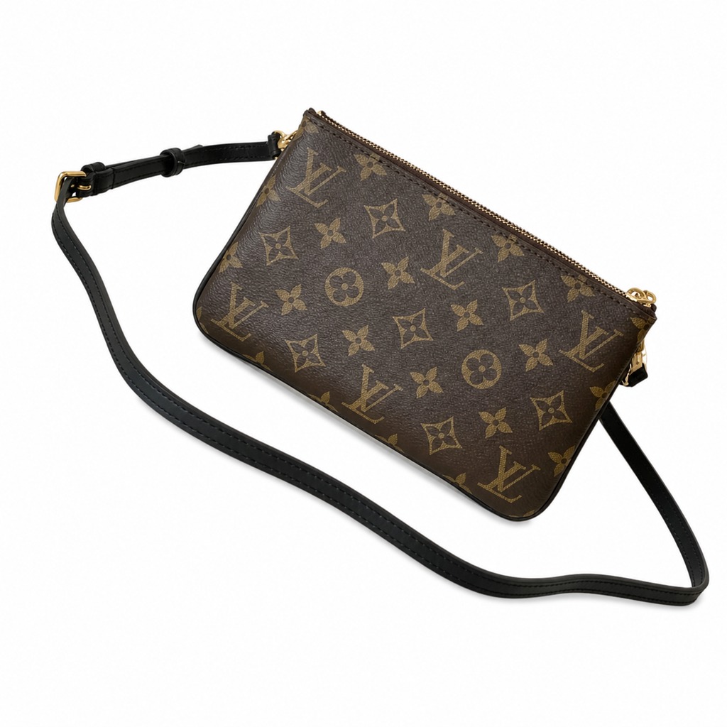 Louis Vuitton Double Zip Pochette — Monogram & Reverse Canvas, Dual Zips & Black Leather Strap