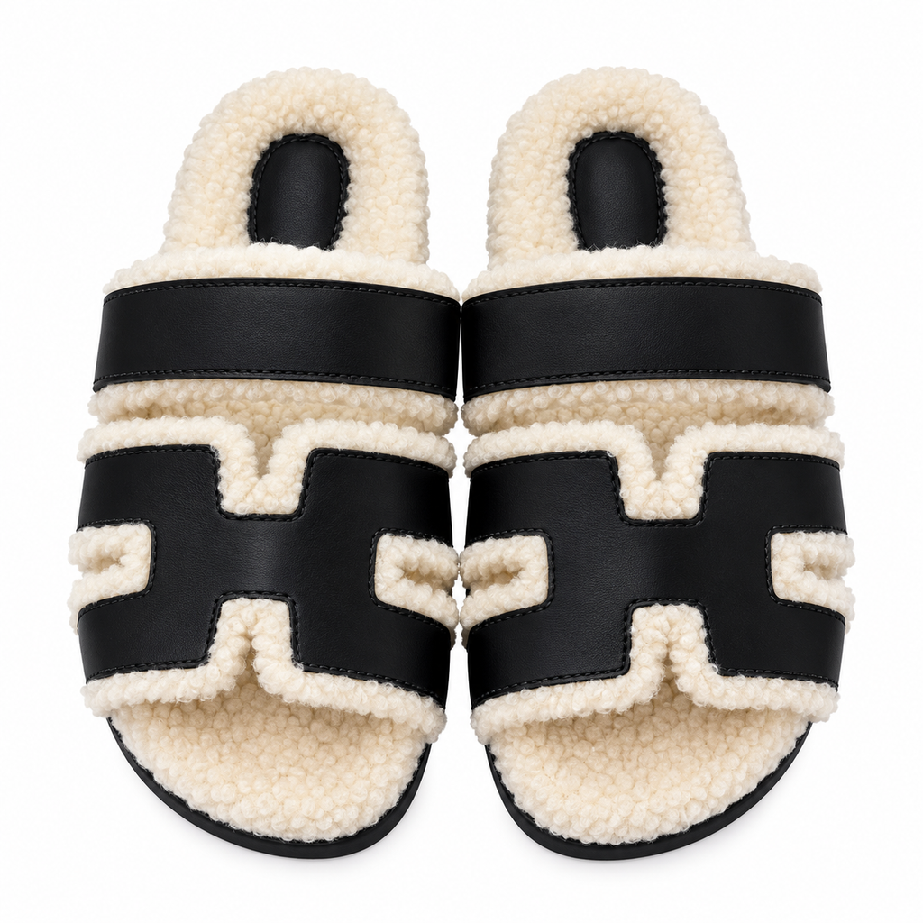 Hermès Black H-Strap Slides with Cream Trim
