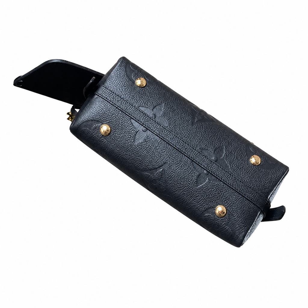 Louis Vuitton Wedge Crossbody — Black Empreinte, LV Zipper Pulls, Gold Dome Studs & Electric Purple Interior