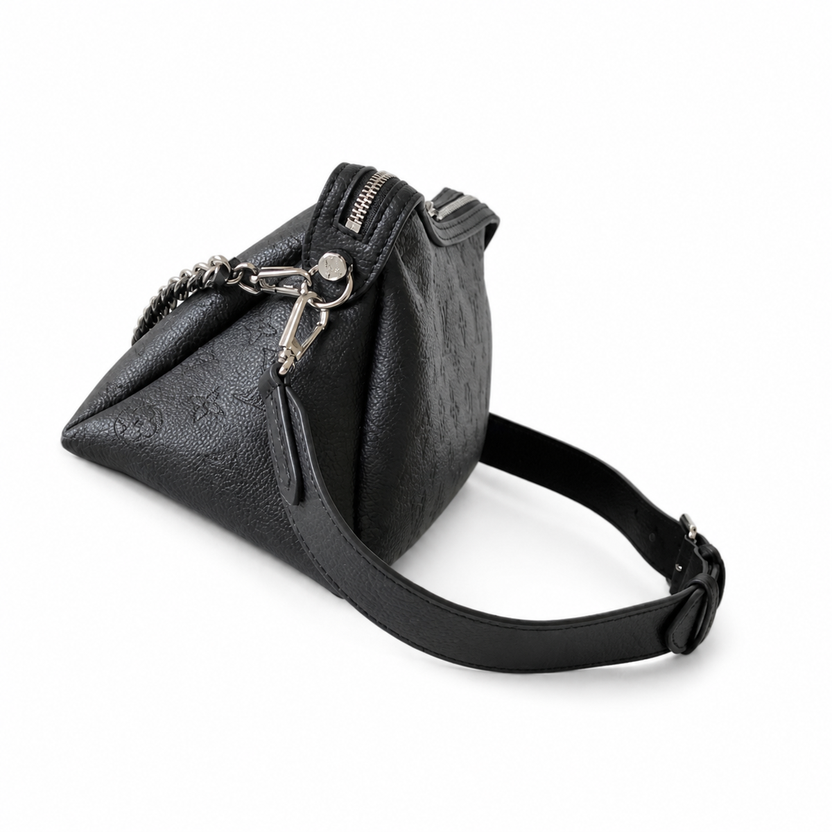 Louis Vuitton Mahina Belt Bag — Noir Black Triangular Cone, Silver Chain & Adjustable Belt Strap