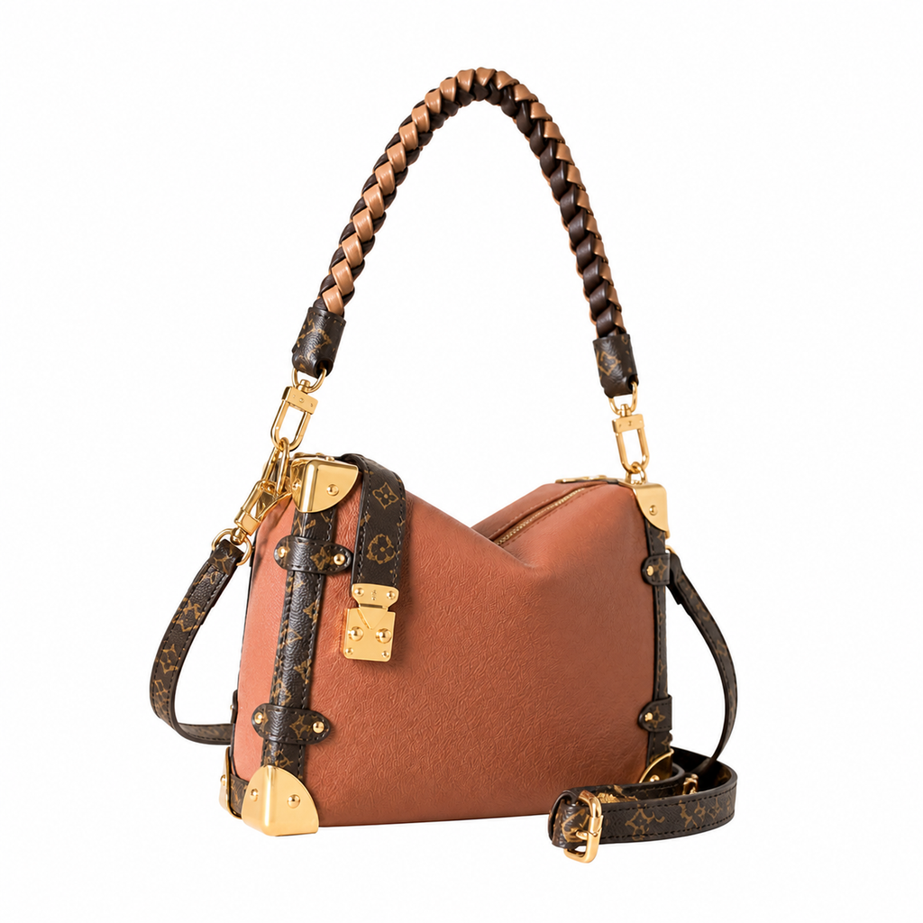 Louis Vuitton Side Trunk MM — Cognac Calfskin, Braided Top Handle, Monogram Canvas Trim & Dual Push-Lock