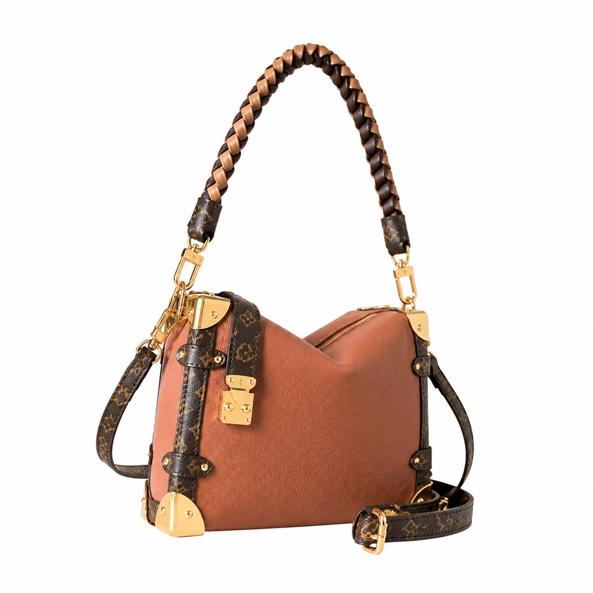 Louis Vuitton Side Trunk MM — Cognac Calfskin, Braided Top Handle, Monogram Canvas Trim & Dual Push-Lock