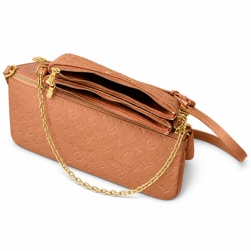 Louis Vuitton Milla MM — Caramel Miel Empreinte, Gold Chain & Adjustable Leather Strap