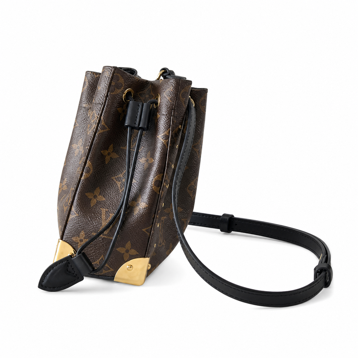 Louis Vuitton Nano Noé — Monogram Canvas, All-Over Gold Studs, Wide Black Leather Strap & Corner Guards