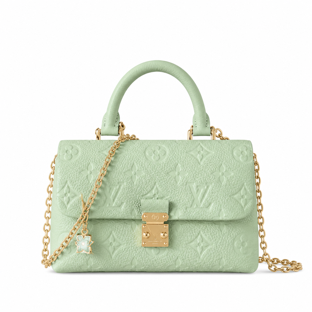 Louis Vuitton Mini Flap — Vert Sauge Empreinte, Gold Chunky Chain, Enamel Trunk Charm & Crystal Pendant