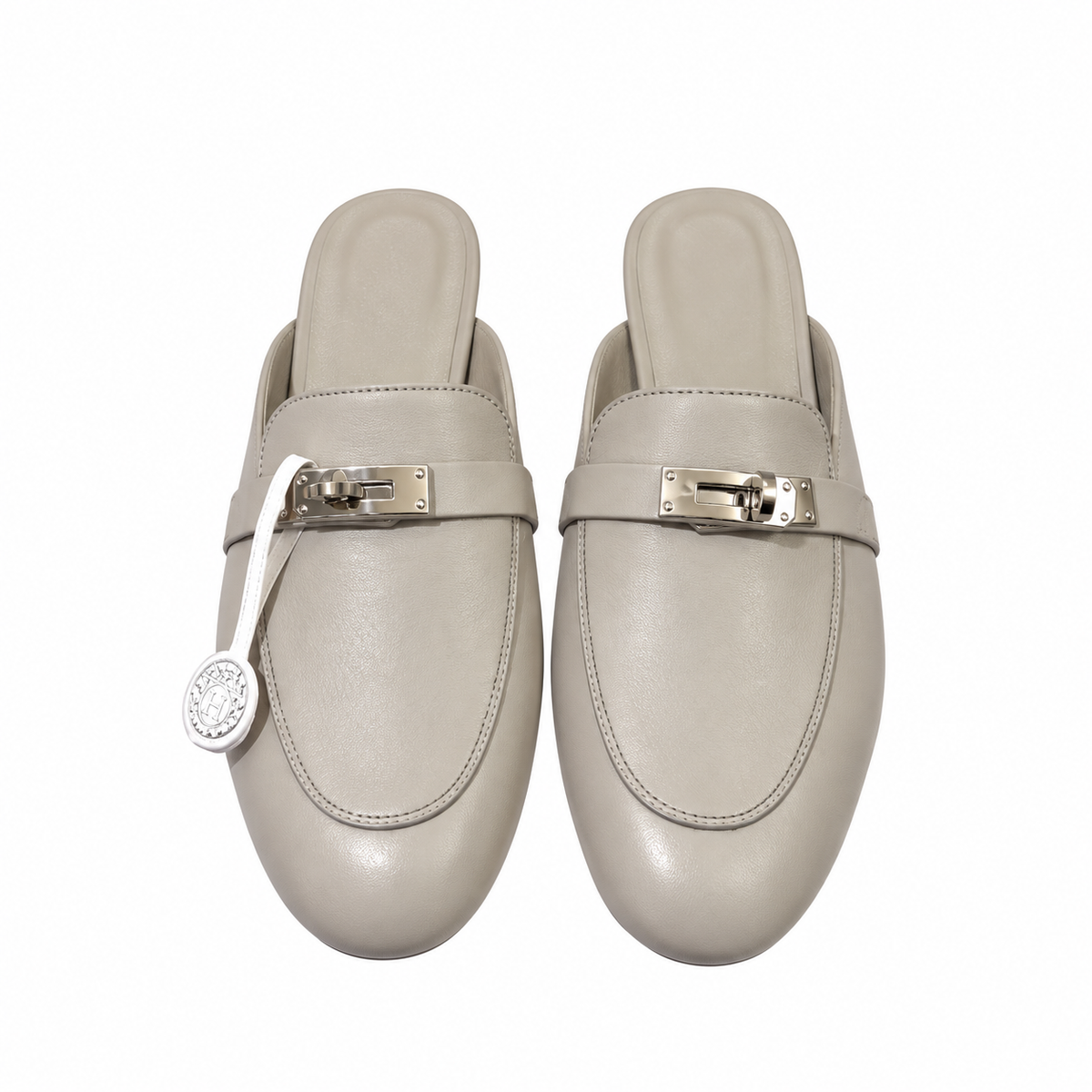 Hermès Light Grey Mules with Silver-Tone Hardware