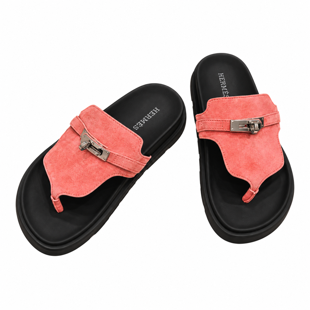 Hermès Coral Thong Sandals with Silver Buckle