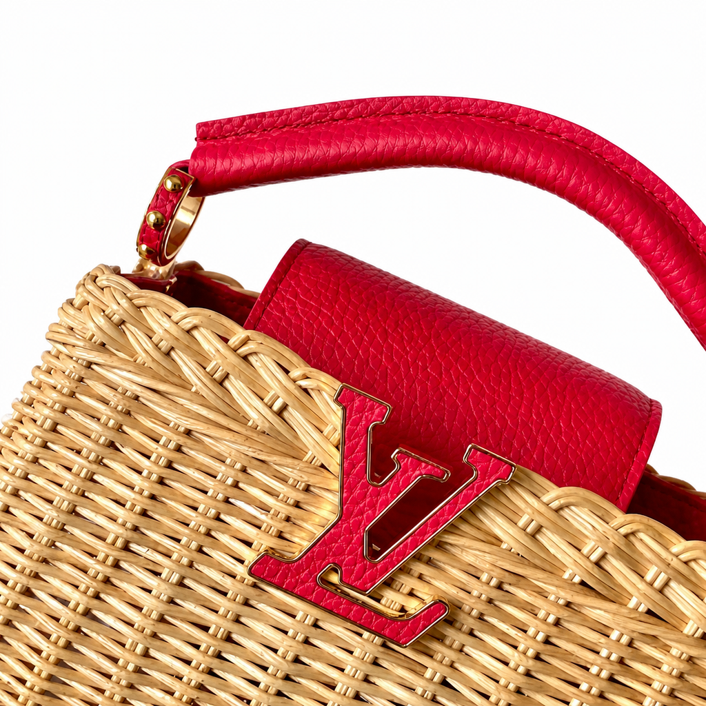 Louis Vuitton Capucines Mini — Hand-Woven Raffia & Raspberry Red