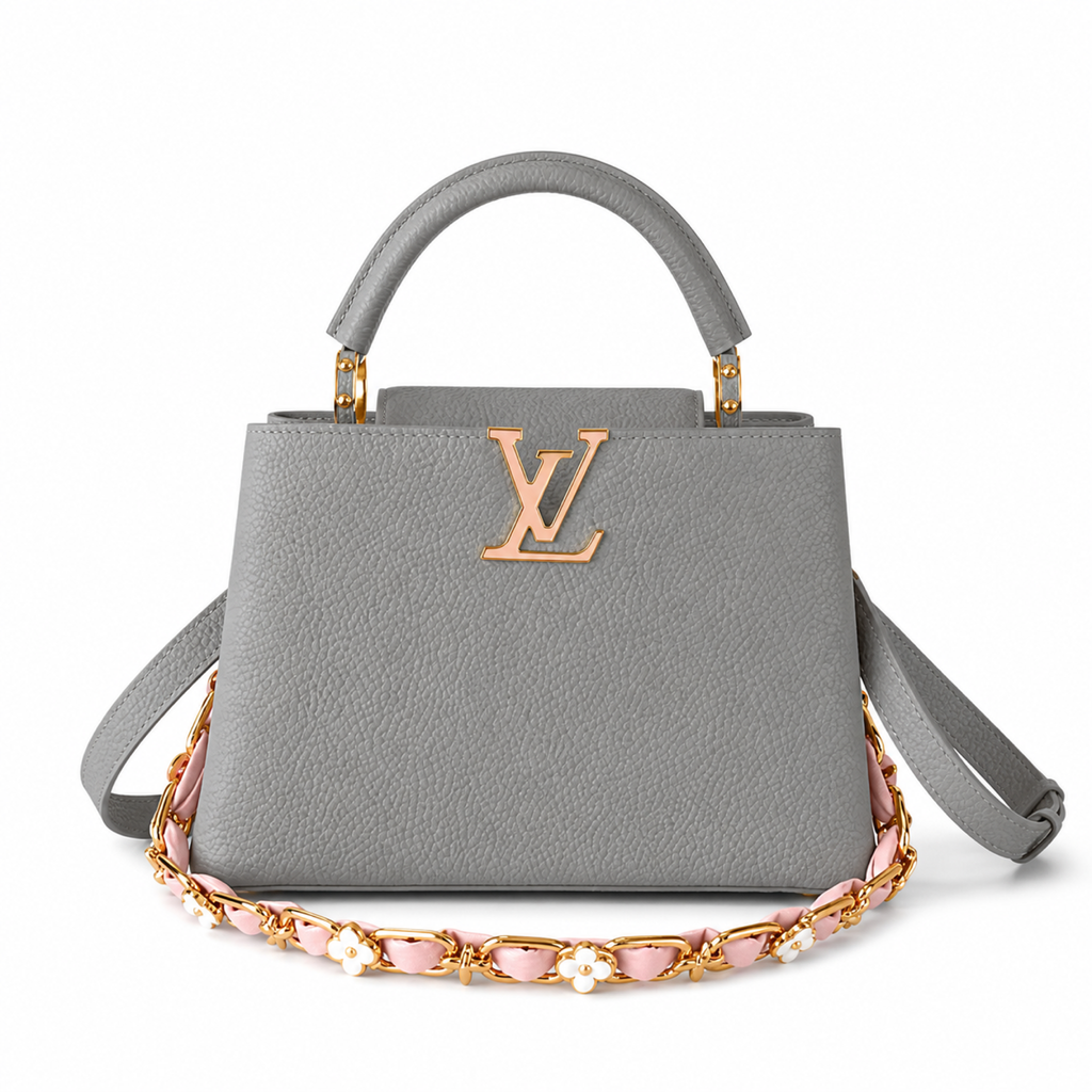 Louis Vuitton Capucines — Taurillon Leather in Perle with Pearl Flower Chain & Pink Leather Weave