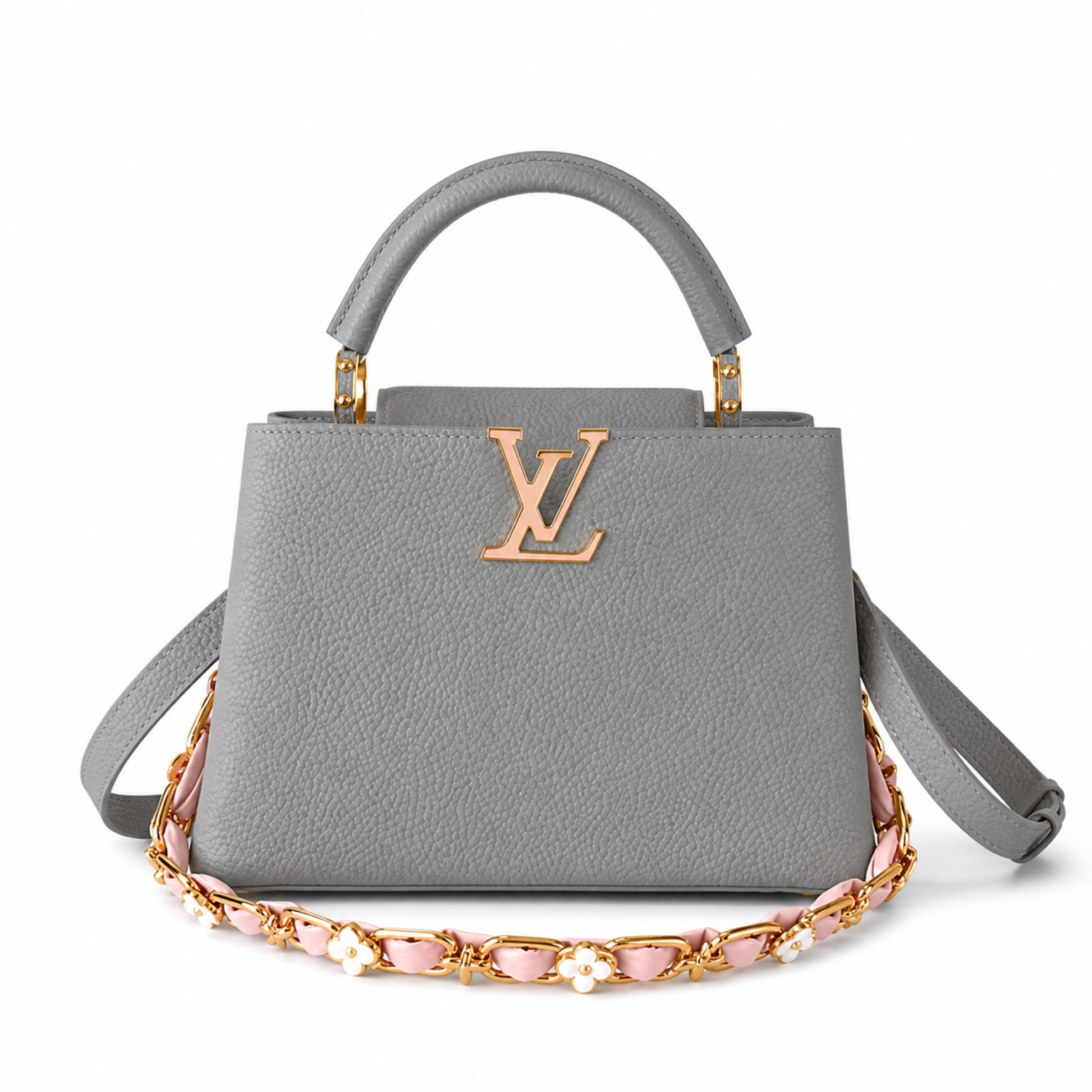Louis Vuitton Capucines — Taurillon Leather in Perle with Pearl Flower Chain & Pink Leather Weave