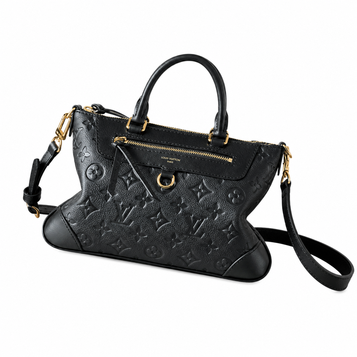 Louis Vuitton Structured Top Handle — Black Empreinte, Double Handles, Gold D-Ring & Carabiner Crossbody Strap