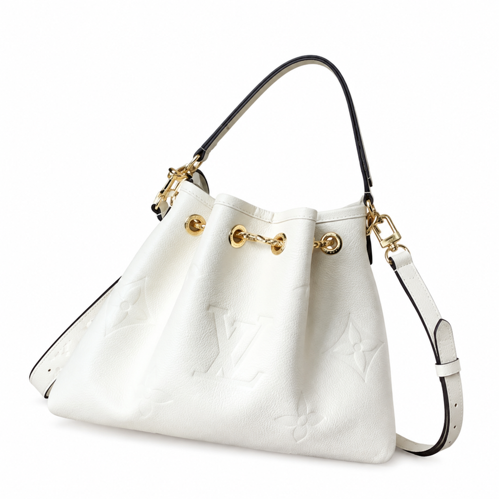 Louis Vuitton NéoNoé MM — Blanc Ivoire Empreinte, Braided Gold Drawstring & Black Handles