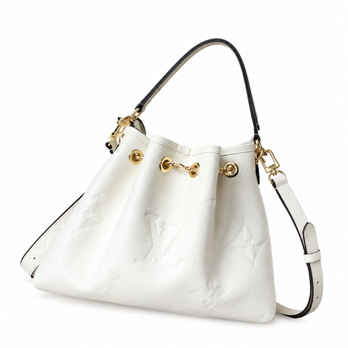 Louis Vuitton NéoNoé MM — Blanc Ivoire Empreinte, Braided Gold Drawstring & Black Handles