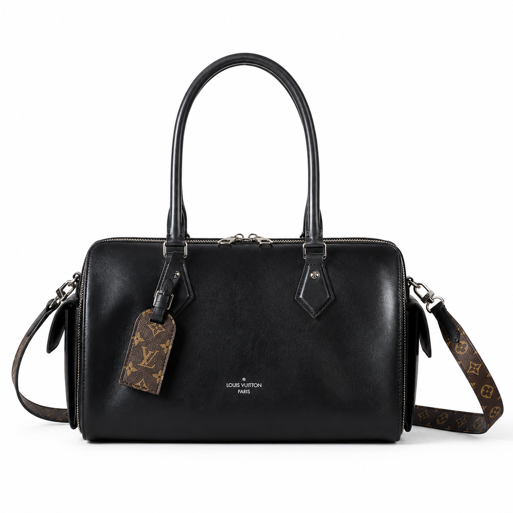 Louis Vuitton Mini Boston — Noir Black Smooth Calfskin, Monogram Canvas Strap, LV Paris Inscription & Luggage Tag