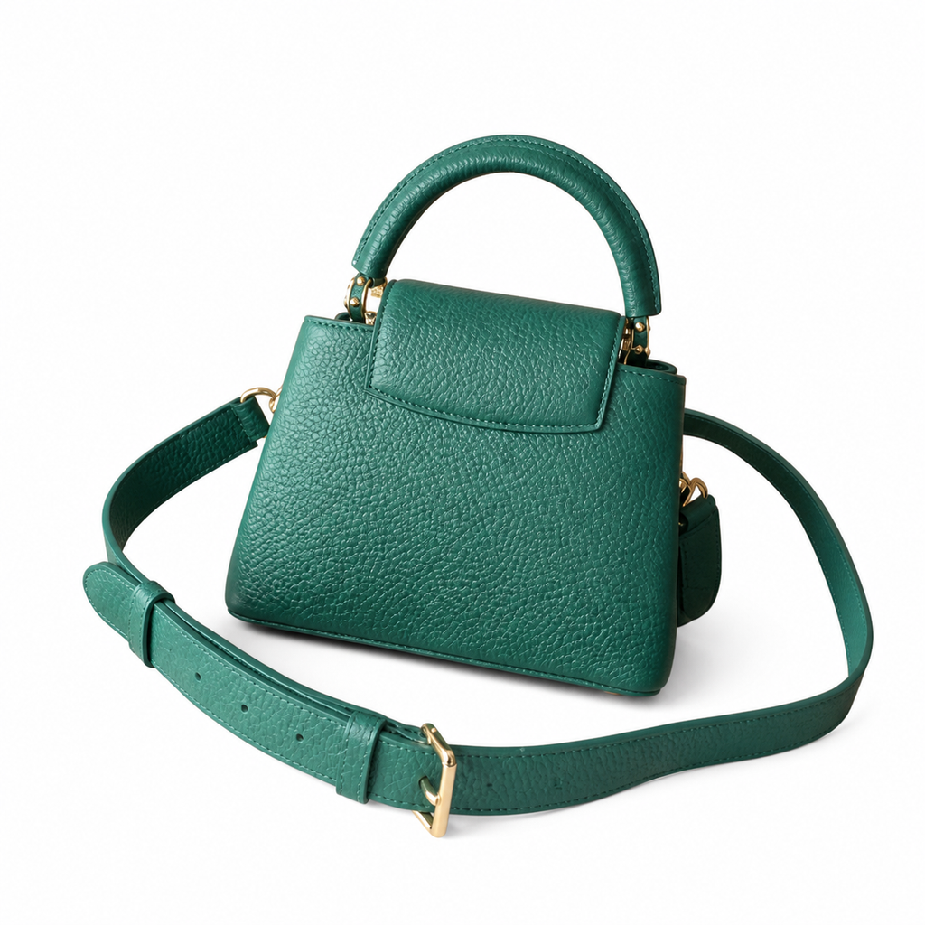 Louis Vuitton Capucines Mini — Taurillon Leather in Vert Émeraude with Triple Gold Chain & Flower Charm