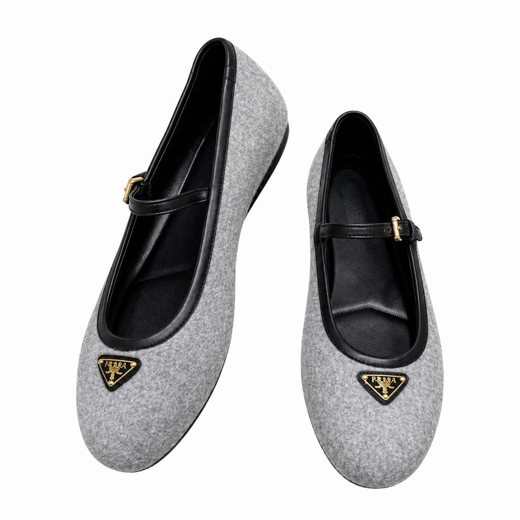 Prada Grey Textured Mary Jane Ballet Flats
