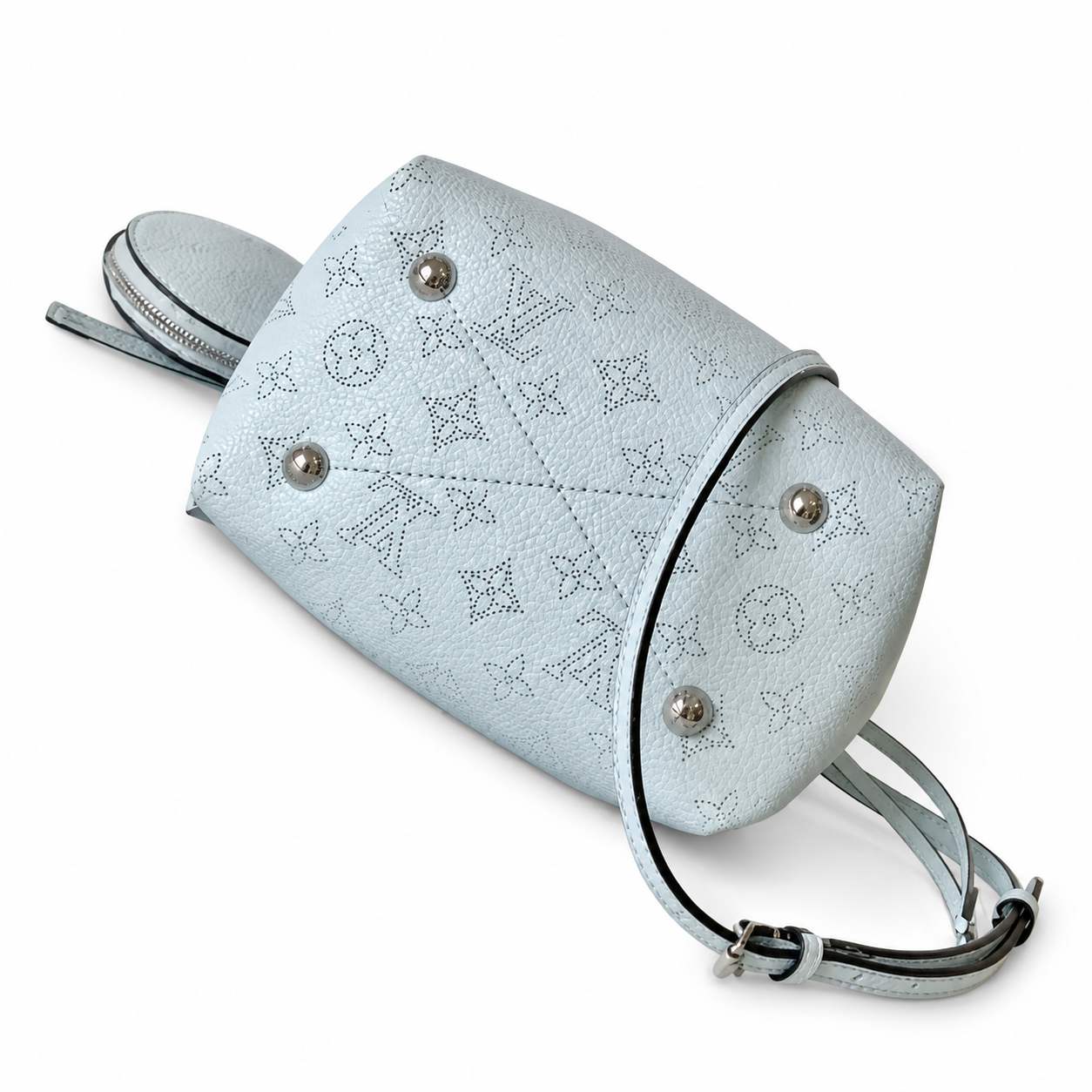 Louis Vuitton Mahina Mini Bucket — Bleu Glacier Perforated, Dual Leather Straps & Silver Ring Hardware