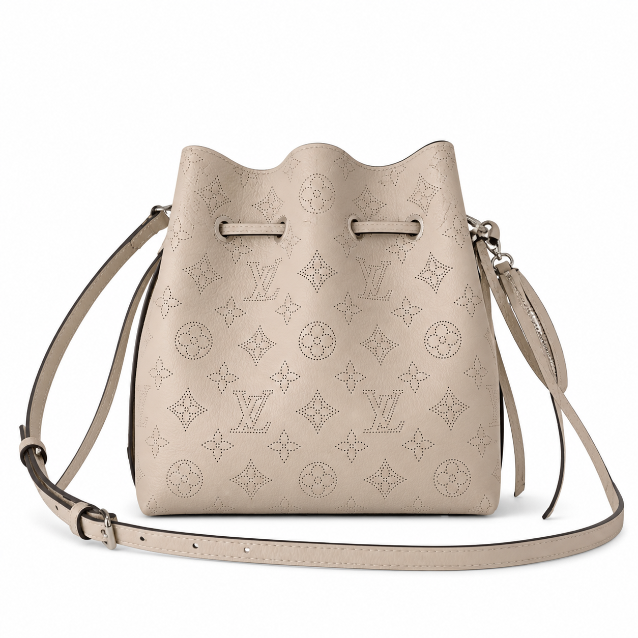 Louis Vuitton Mahina Mini Bucket — Crème Ivoire Perforated, Silver Chain, Drawstring & Round Coin Purse Set