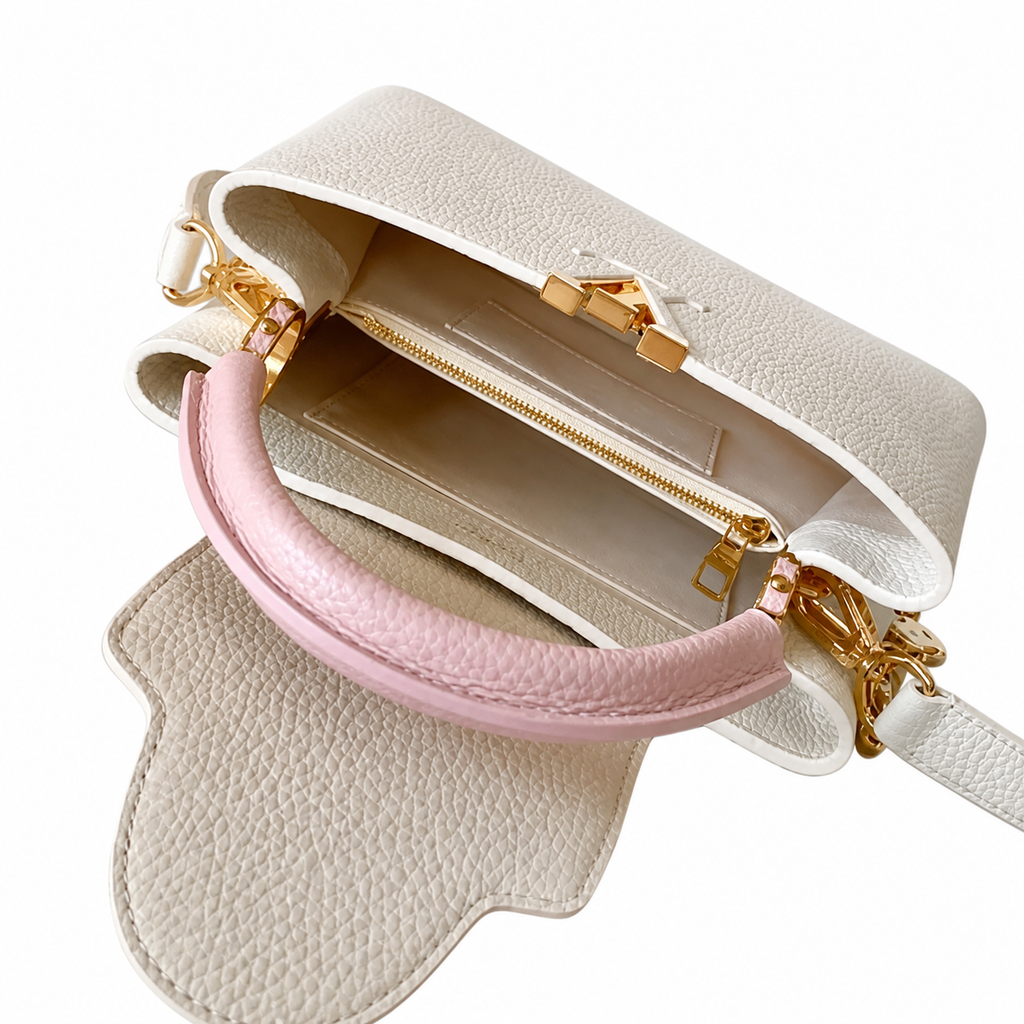Louis Vuitton Capucines Mini — White Floral Embossed, Blush Pink Handle & Pink-Woven Chain
