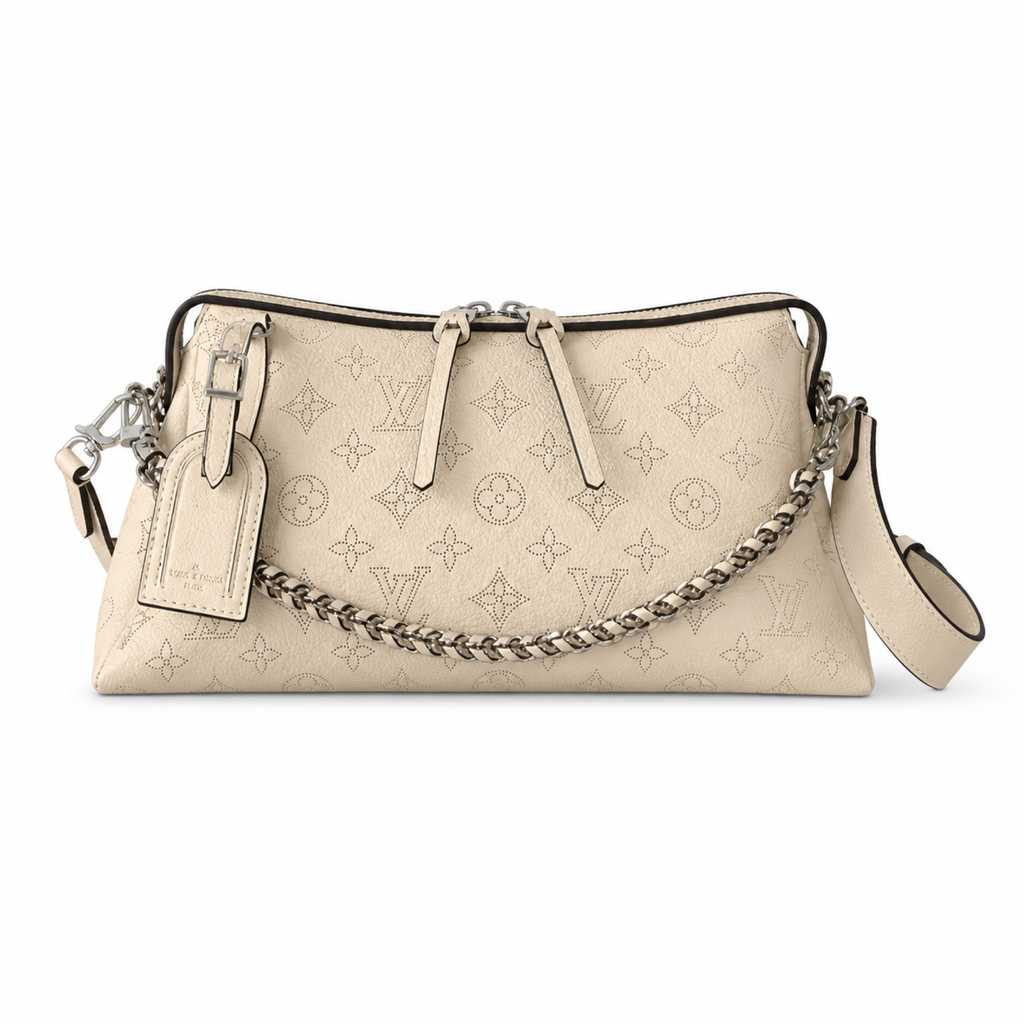 Louis Vuitton Mahina Belt Bag — Crème Ivoire Triangular Cone, Silver Chain & Leather Luggage Tag