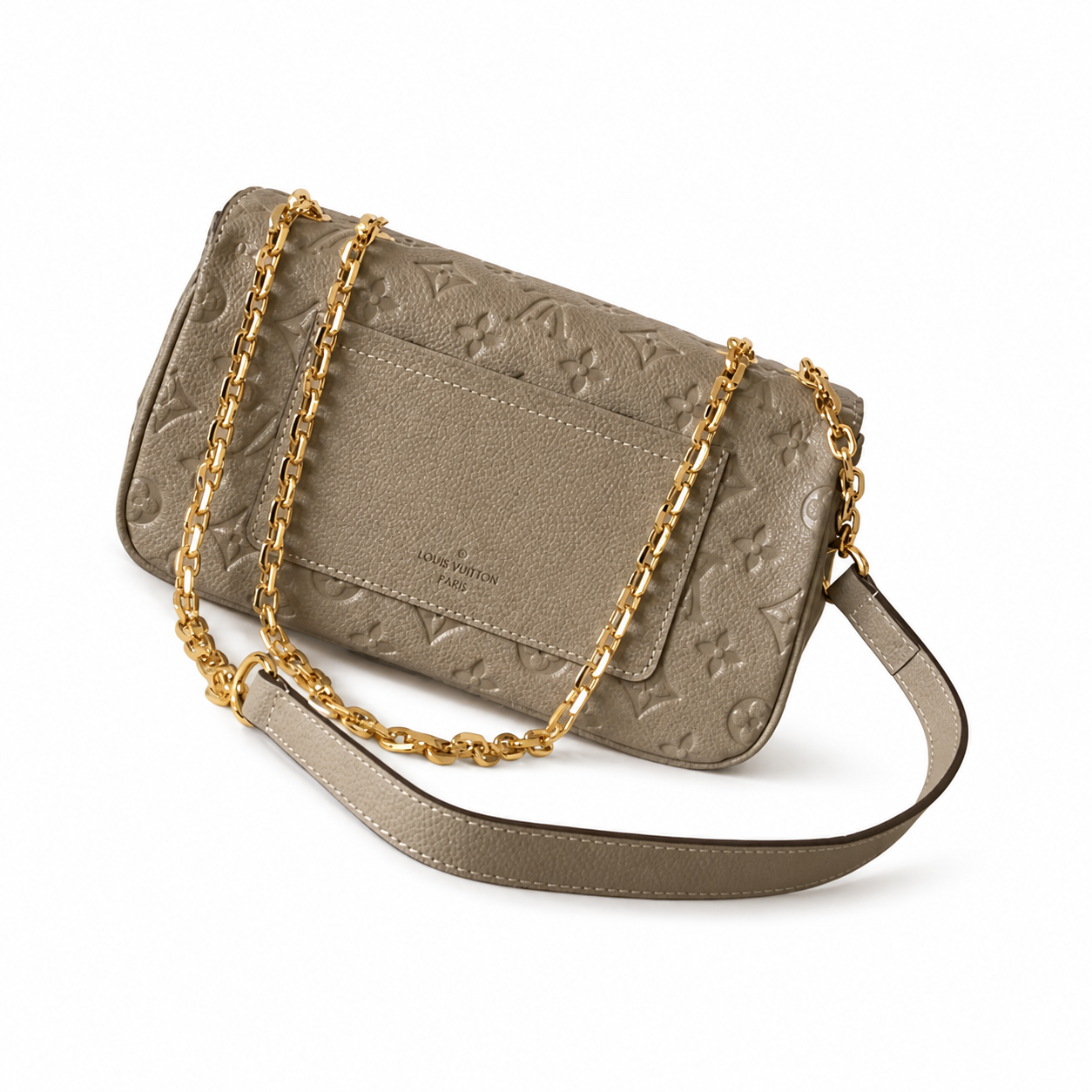 Louis Vuitton Flap Chain Bag — Taupe Empreinte, Square Push-Lock & Chunky Gold Chain
