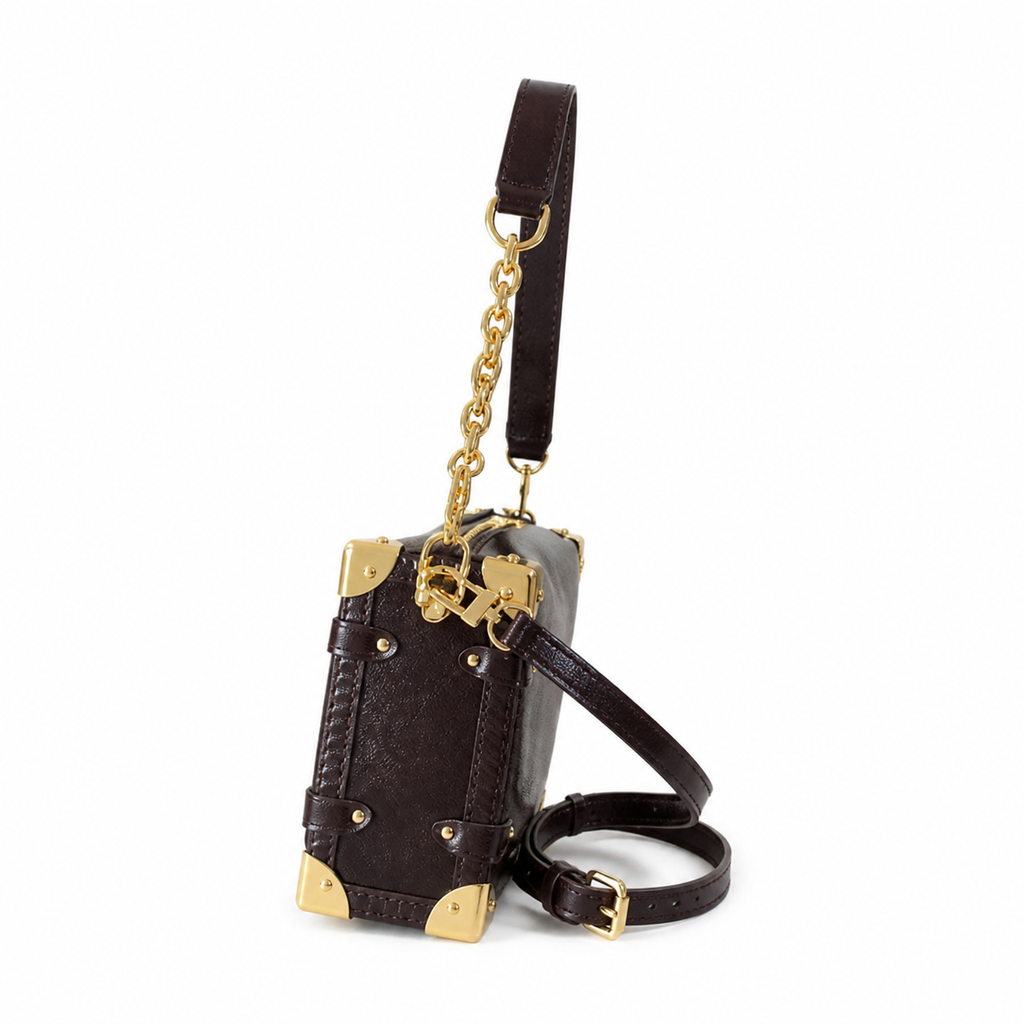 Louis Vuitton Mini Flap Crossbody — Chocolat Moka Grained Leather, Gold V-Lock, Flap Strap & Corner Guards